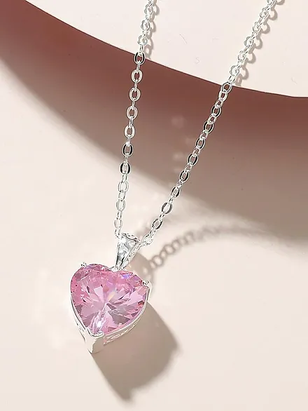 Pink Heart Charm Silver Necklace