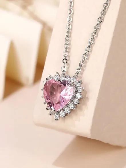 Rose Pink Cubic Zirconia Heart Charm Necklace